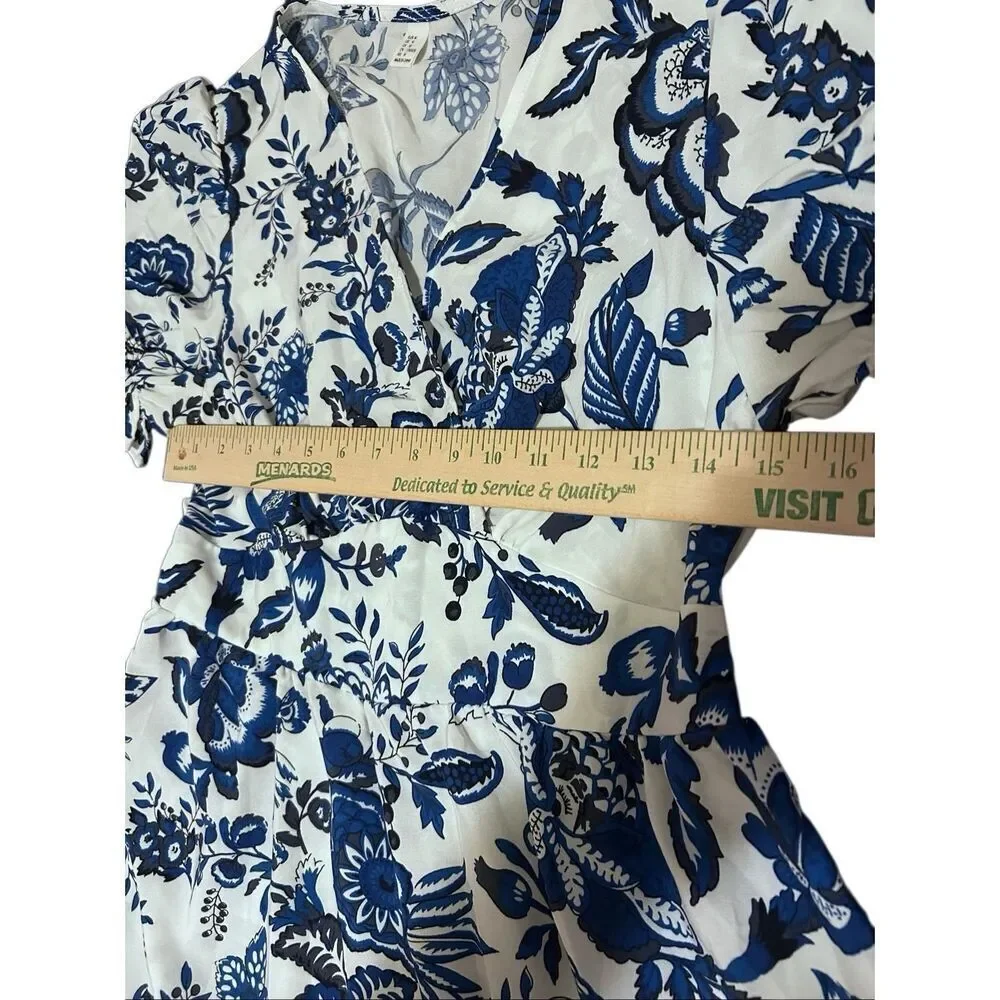 Blue & White Floral Puff Sleeve Flowy Midi Dress Smocked Waist M NWOT - Picture 10 of 13
